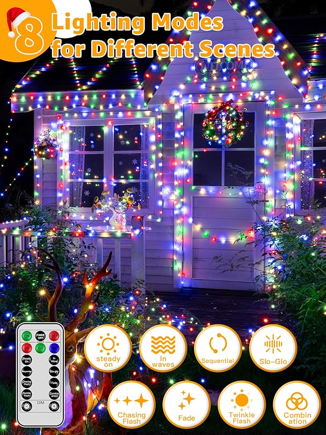 BrightChristmas 300 LED 98 FT Christmas Lights, Waterproof Outdoor String Lights with Remote and Timer, Christmas Tree Lights with 8 Modes Dimmable, Fairy Lights for Holiday Decor (Multicolor)