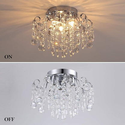 Q&S Small Crystal Chandelier Flush Mount Ceiling Light 3 Lights Modern Chrome Iron Raindrop Crystal Ceiling Fixture for Bedroom Hallway Closet Entryway Stairs