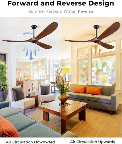 52" Ceiling Fans Without Lights, Solid Wood Ceiling Fan with Remote Control and DC Motor, Ceiling Fan no Light with 3 Blades, Indoor Outdoor Ceiling Fans for Patios, Bedroom- Dark Walnut