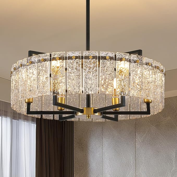 23.62" Gold Water Ripple Glass Chandeliers, 6-Light Modern Round Chandelier, Luxury Drum Chandelier Lighting Fixtures for Living Room Dining Room Kitchen Bedroom Foyer Hotel