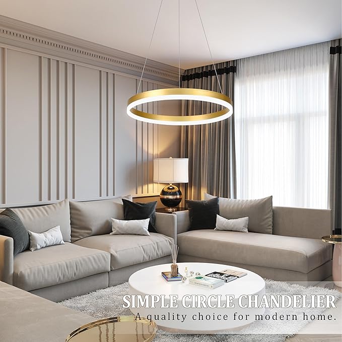 20" Modern Gold Led Chandelier Ring Dimmable LED Chandeliers with Remote Control for Kitchen Island Height Adjustable Chandelier Led Pendant Light for Living Room Dining Room Bedroom Foyer