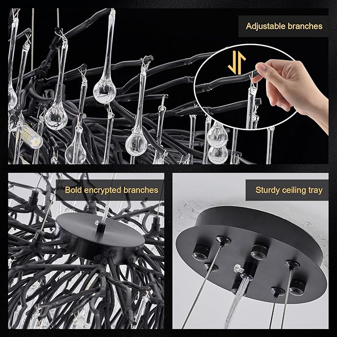 23.6in Black Crystal Chandelier, Modern Tree Branch Chandeliers for Dining Room, 8-Light Farmhouse Chandelier Light Fixture for Living Room,Kitchen Island Foyer