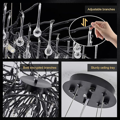 23.6in Black Crystal Chandelier, Modern Tree Branch Chandeliers for Dining Room, 8-Light Farmhouse Chandelier Light Fixture for Living Room,Kitchen Island Foyer