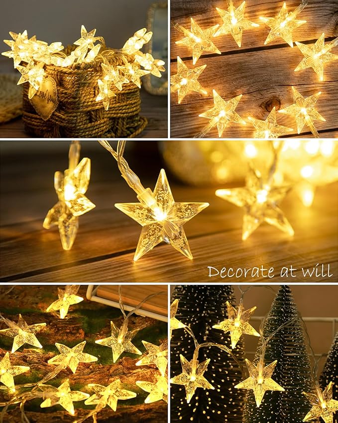 JOLYMOLY Star String Lights Plug in, 59 Ft 100 LED Star Fairy Lights with Remote Timer, Connectable Waterproof for Bedroom Wedding Party Indoor Outdoor Décor, Warm White
