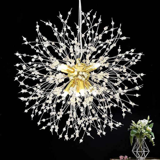 Qamra Modern Gold Crystal Chandeliers, Firework Dandelion Sputnik Chandelier Light Fixture Pendant Lighting for Living Room, Dining Room, Bedroom, Kitchen(8-Light, Gold)
