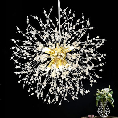 Qamra Modern Gold Crystal Chandeliers, Firework Dandelion Sputnik Chandelier Light Fixture Pendant Lighting for Living Room, Dining Room, Bedroom, Kitchen(8-Light, Gold)