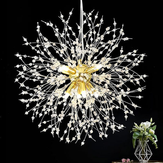 Qamra Modern Gold Crystal Chandeliers, Firework Dandelion Sputnik Chandelier Light Fixture Pendant Lighting for Living Room, Dining Room, Bedroom, Kitchen(8-Light, Gold)