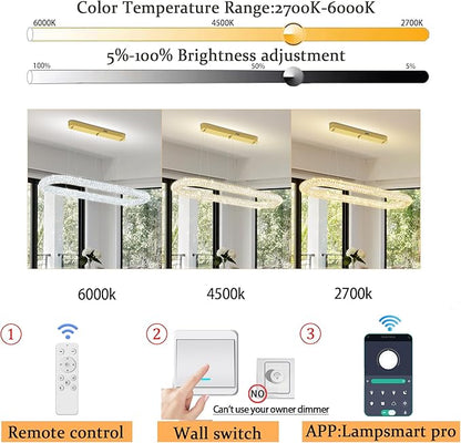 LED Crystal Ring Chandelier, 47.2'' Gold Crystal Ring Pendant Light for Kitchen Island Modern Linear Oval Chandeliers for Dining Room Dimmable 3000K-6000K