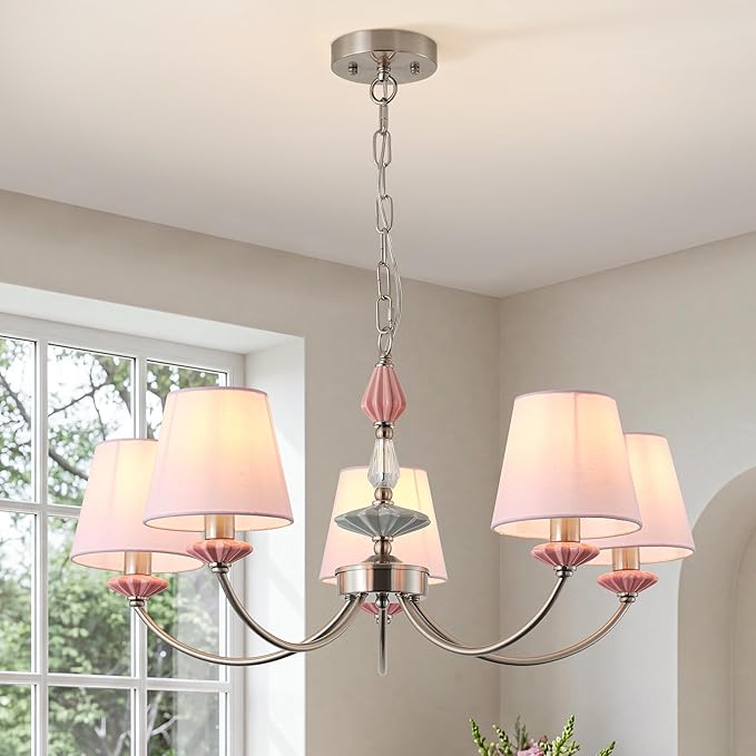 Pink Chandelier for Bedroom Light Fixture，Brushed Nickel Art Deco Chandelier with Fabric Shade,Antique Modern Chandeliers paired with Ceramic for Girls Bedroom，Living Room，Dining Room