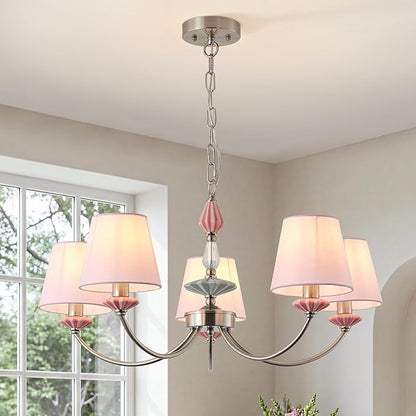 Pink Chandelier for Bedroom Light Fixture，Brushed Nickel Art Deco Chandelier with Fabric Shade,Antique Modern Chandeliers paired with Ceramic for Girls Bedroom，Living Room，Dining Room