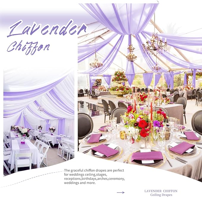 6 Panel Purple Ceiling Drapes for Wedding Arch - 5ft x 30ft Sheer Voile Chiffon Drapery