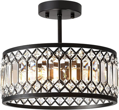 Pevfah Crystal Black Ceiling Light, Modern Semi Flush Mount Ceiling Lighting Fixture, Round Hallway Lighting Fixtures Chandelier for Kitchen Entryway Bedroom Dining Room, 3-Light, 12.2 Inch