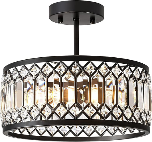 Pevfah Crystal Black Ceiling Light, Modern Semi Flush Mount Ceiling Lighting Fixture, Round Hallway Lighting Fixtures Chandelier for Kitchen Entryway Bedroom Dining Room, 3-Light, 12.2 Inch
