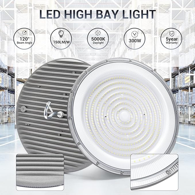 XYCN 10 Pack 300W UFO Led High Bay Light,120VAC,5000K Daylight Commercial Bay Lighting,IP66 Waterproof,45050LM,1300W MH/HPS with Plug Area Light for Warehouse/Shop/Workshop/Barn/Gym/Factory