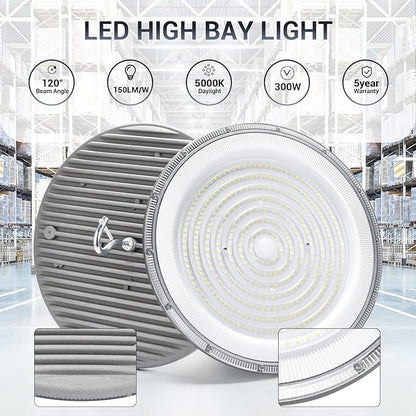 XYCN 10 Pack 300W UFO Led High Bay Light,120VAC,5000K Daylight Commercial Bay Lighting,IP66 Waterproof,45050LM,1300W MH/HPS with Plug Area Light for Warehouse/Shop/Workshop/Barn/Gym/Factory
