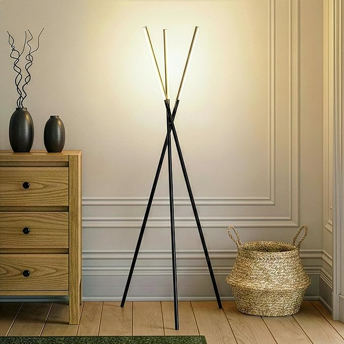 Brightech Stix LED Tripod Floor Lamp for Living Room - Dimmable Modern Standing Lamp, with 3 Lights for Bedroom - Contemporary Office Lighting- Black