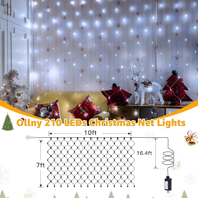 Ollny Net Lights Outdoor Mesh Lights IP67 Waterproof, 210LED 10x7ft Cool White Christmas Net Lights, Connectable Remote 8 Modes Tree Light for Bushes Shrubs Lawn Indoor Decorations