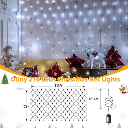Ollny Net Lights Outdoor Mesh Lights IP67 Waterproof, 210LED 10x7ft Cool White Christmas Net Lights, Connectable Remote 8 Modes Tree Light for Bushes Shrubs Lawn Indoor Decorations