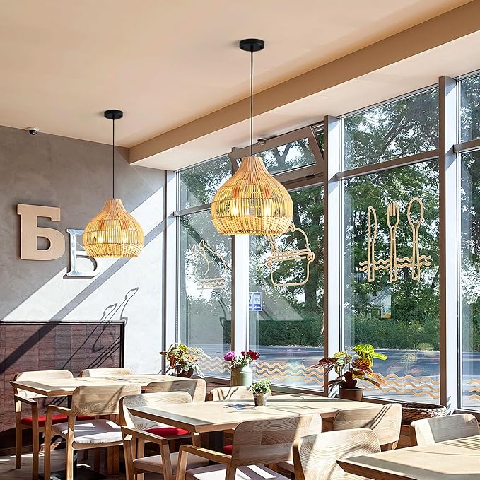 Boho Pendant Lights Kitchen Island 14.6in White Rattan Chandelier Beachy Wicker Dining Room Light Fixtures Woven Hanging Ceiling Lighting for Bedroom Breakfast Nook Restaurants Foyer Corridor
