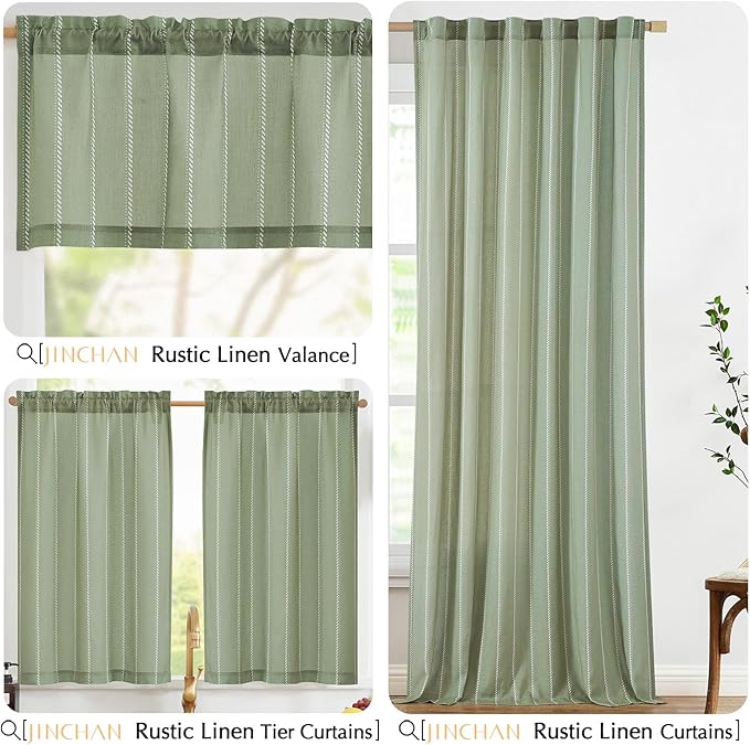 jinchan Nautical Striped Linen Kitchen Curtains 36 Inches Farmhouse Tier Cafe Curtains for Living Room Bathroom Laundry RV Rustic Half Window Light Filtering 2 Panels Green
