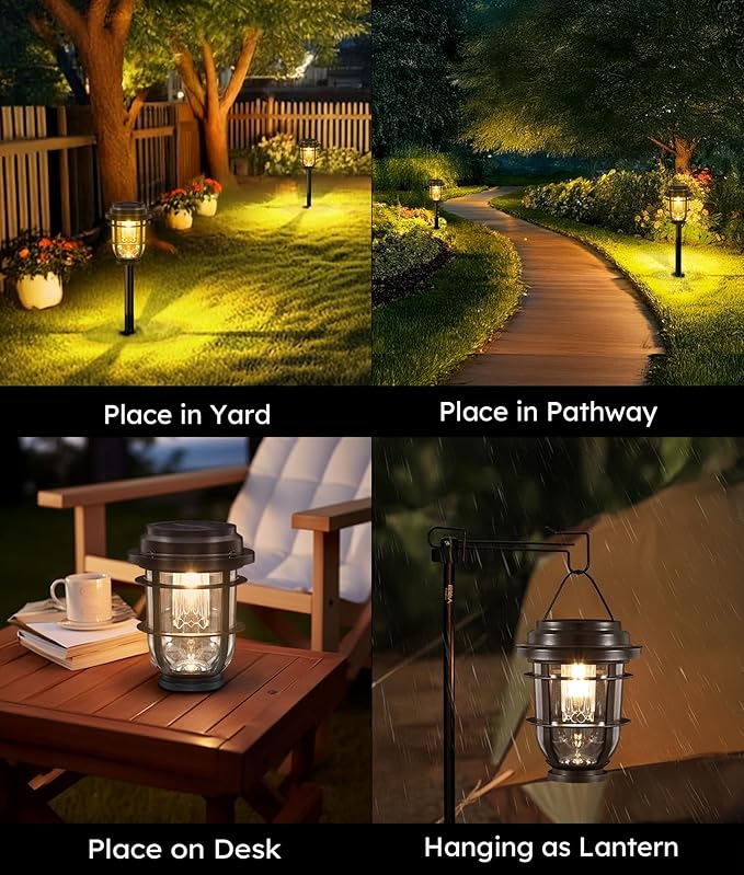 Vuees Bright Solar Pathway Lights Outdoor, 8 Pack Waterproof IP65, Auto On/Off Solar Powered Garden Lights for Yard Lawn Walkway Landscape Pool Outside - 3-in-1 Hanging, Tabletop & Stake Lighting