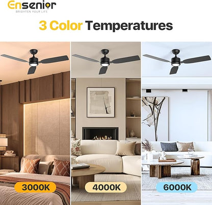 Ensenior 52 Inch Ceiling Fan with Light and Remote, Modern Black Ceiling Fans with 3 Reversible Wood Blades, Quiet DC Motor, 6-Speed, Memory Function, Farmhouse Ceiling Fan for Bedroom Living Room