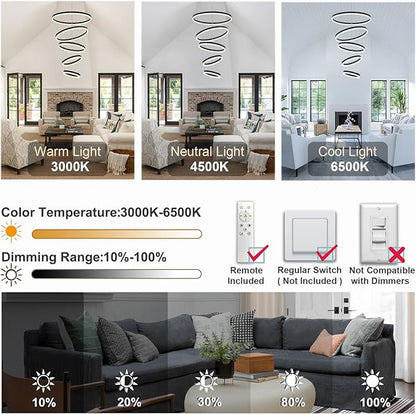 5 Rings Modern LED Chandelier for Foyer, Black High Ceiling Chandeliers Dimmable Pendant Lighting with Remote Control for Dining Room Living Room Staircase(3000K-6500K D23.6)