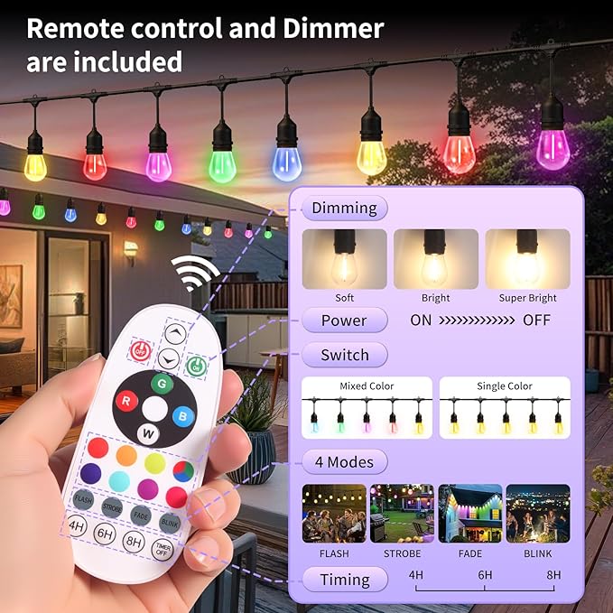74FT Outdoor String Lights, Outdoor Lights for Patio,with 36+4 LED RGBW Color Change,3000K Bright White Waterproof Bulbs, Dimmer & Remote, Customized 12 Colors & 4 Modes, for Backyard Decor