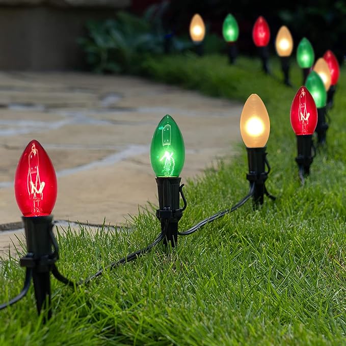 25Ft C9 Christmas Multicolor String Lights, Vintage Christmas Lights with 27 C9 Clear Red/Green/Frosted White Bulbs, Outdoor Hanging Patio Lights for Xmas Tree Path Roofline Wedding Party Decoration