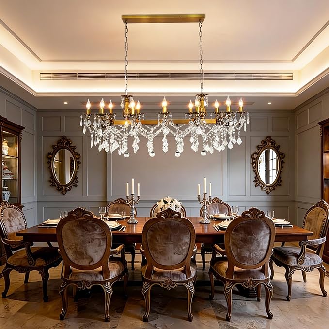 Rectangle Crystal Chandeliers Extra large modern Chandelier Island Lighting 12 Lights Candle Pendant Rectangle Hanging Ceiling Light Fixture for Dining Room Living Room Kitchen Island Entry L51.95