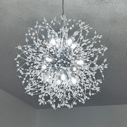 Modern Dandelion Firework Chandelier, Chrome Dining Room Chandelier, Crystal Hanging Pendant Lighting Fixture for Living Room, Bathroom, Bedroom, Entryway, 12-Light