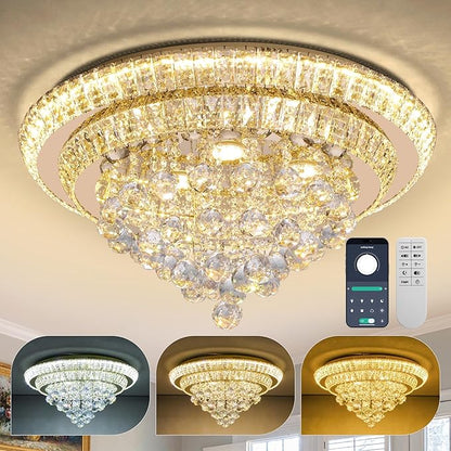 COCOSTAR 24" Gold Crystal Chandeliers, Flush Mount Chandelier LED Ceiling Light, Modern Crystal Raindrop Chandeliers for Dining Room, Living Room, Bedroom