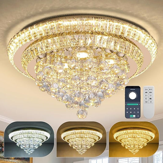 COCOSTAR 24" Gold Crystal Chandeliers, Flush Mount Chandelier LED Ceiling Light, Modern Crystal Raindrop Chandeliers for Dining Room, Living Room, Bedroom
