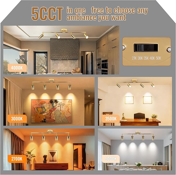 5Color LED Track Lighting Kit 4 Lights Dimmable 48W Track Light,Zoomable15°/24°/36°/45°/60°-2700K/3000K/3500K4000K/5000K,Track Lighting for Accent Task Kitchen,Lumen 4800 (Gold)