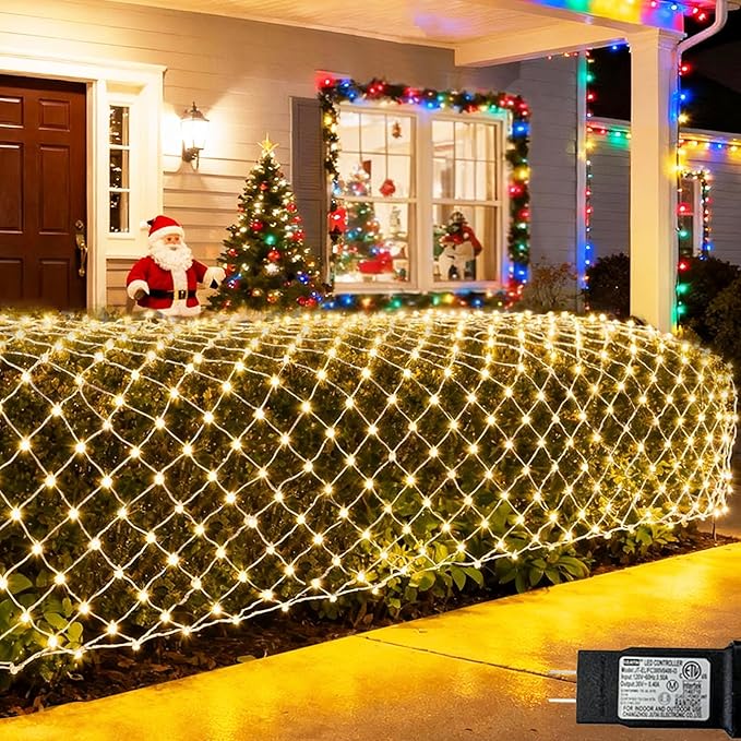 Warm White Net Lights Outdoor, 300 LED Christmas Net Mesh Lights for Bushes 15x5ft, 8 Modes Waterproof Twinkle String Light Connectable Plug in for Christmas Hedge Yard Garden Party Decor