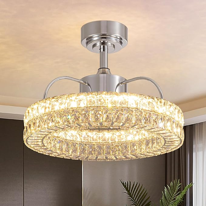 LUDOMIDE Crystal Ceiling Fans with Lights, 21" Fandelier Ceiling Fan with Light and Remote 6-Speed Wind, Dimmable LED, Chandelier Ceiling Fan for Bedroom Dining Room Living Room