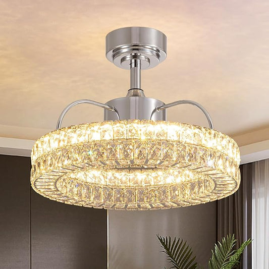 LUDOMIDE Crystal Ceiling Fans with Lights, 21" Fandelier Ceiling Fan with Light and Remote 6-Speed Wind, Dimmable LED, Chandelier Ceiling Fan for Bedroom Dining Room Living Room