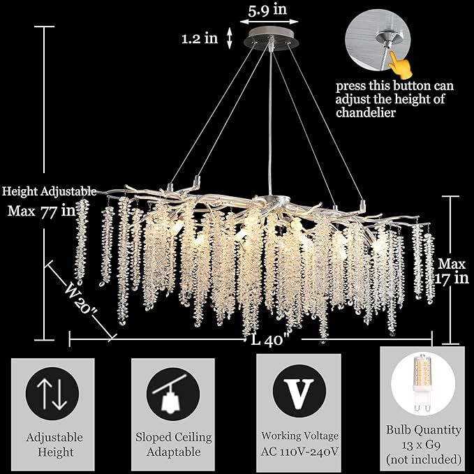 Modern Rectangle Crystal Tree Branch Chandelier, L40'' Silver Linear Art Deco Raindrop Indoor Hanging Pendant Light Fixture for Kitchen Island Dining Room Living Room Foyer 13 Lights