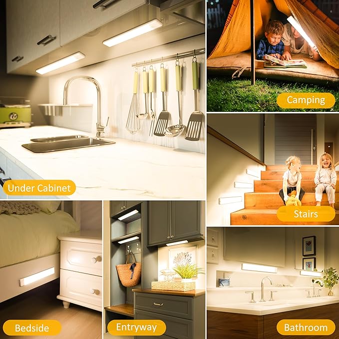 Motion Sensor Under Cabinet Lights, Magnetic Rechargeable Under Counter Closet Light, Wireless Night Light Bar Stick-On, 3-Pack, Warm White