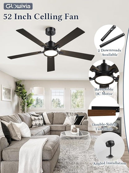 52 Inch Ceiling Fan with Lights and Remote, Smart APP Control, Dimmable with All-Setting Memory, Quiet DC Motor Reversible Blades, Damp Rated Modern Ceiling Fan for Bedroom Patio Living Room