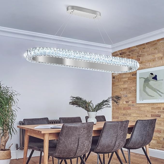 40'' Oval Ring Crystal Chandelier Modern LED Dimmable Ring Pendant Light Chandelier for Dining Room Living Room Silver