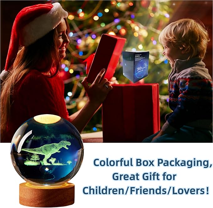 Dinosaur Crystal Ball Lamp, 3D K9 T-Rex, 3.15in USB Powered, 16 Colors Change, Remote Control, Night Light with Wooden Base, Gift Box