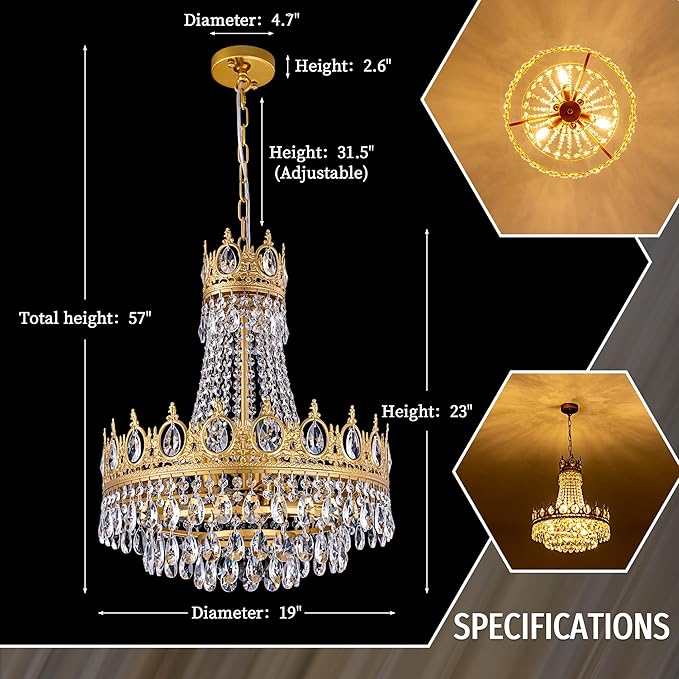TOCHIC Gold Chandelier French Empire Crystal Chandeliers 6-Light Modern Luxury Ceiling Light Fixture for Dining Living Room, Bedroom, Kitchen Island, Bathroom, Foyer, 19" W x 23" H