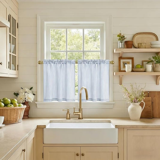 NICETOWN Sheer Blue Linen Kitchen Curtains, Striped Print Farmhouse Decor Cafe Curtains 24 Inch Length, Boho Drapes with Rod Pocket for Living Room Bathroom, 2 Panels, 30×24