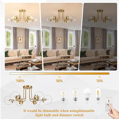 KoKo&Yukina 6-Light Mid Century Ceiling Light Modern Semi Flush Mount Ceiling Light Fixture Globe Ceiling Light with Clear Glass Shade Brushed Brass Finish for Bedroom Hallway Dining Room Living Room