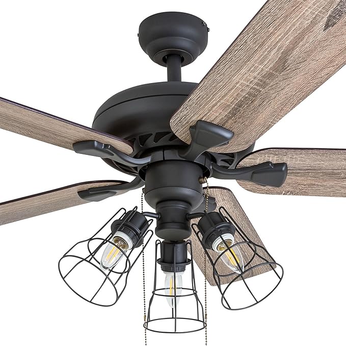 Prominence Home Lincoln Woods, 52 Inch Industrial Style LED Ceiling Fan with Light, Remote Control, Three Mounting Options, 5 Dual Finish Blades, Reversible Motor - 50745-01 (Bronze)