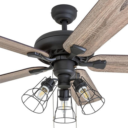 Prominence Home Lincoln Woods, 52 Inch Industrial Style LED Ceiling Fan with Light, Remote Control, Three Mounting Options, 5 Dual Finish Blades, Reversible Motor - 50745-01 (Bronze)