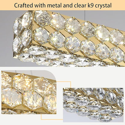 40'' Modern Crystal Chandelier for Dining Room Ceiling Light Fixture for Living Room Hallway Lighting LED Dimmable with Remote Gold