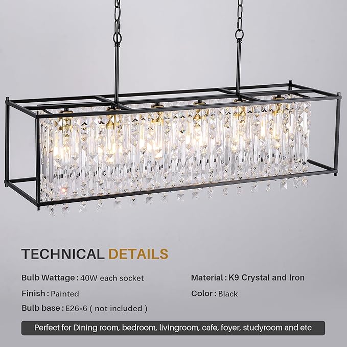 Crystal Chandeliers for Dining Room, Modern Black Chandelier for Living Room, Adjustable Height, 6-Light Pendant Light Fixture, 42 in Large Rectangle Lighting for Kitchen Island Living Room