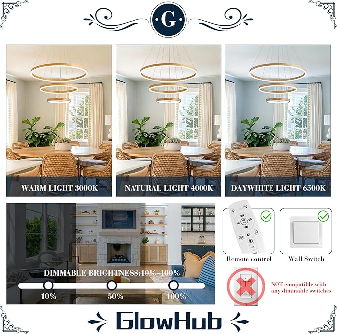 3-Ring LED Chandelier 24" Circular Pendant Light with Wood Grain Finish Dimmable Round Hanging Light Modern Farmhouse Chandeliers for Dining Room Foyer Office Adjustable 3000-6500K with Remote